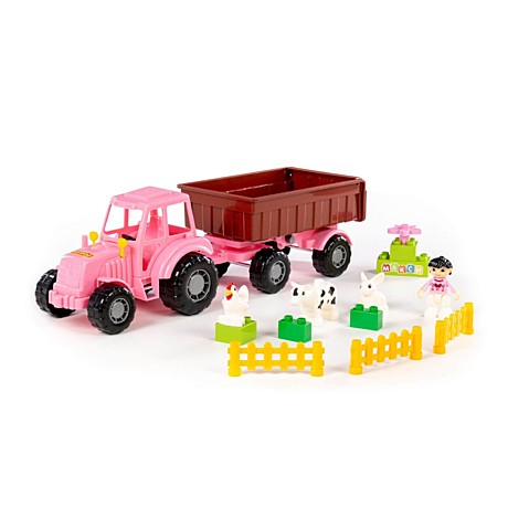 Трактор Мастер (розовый) с прицепом №1 + конструктор Макси (13 элементов) (в сеточке). Арт. 58939