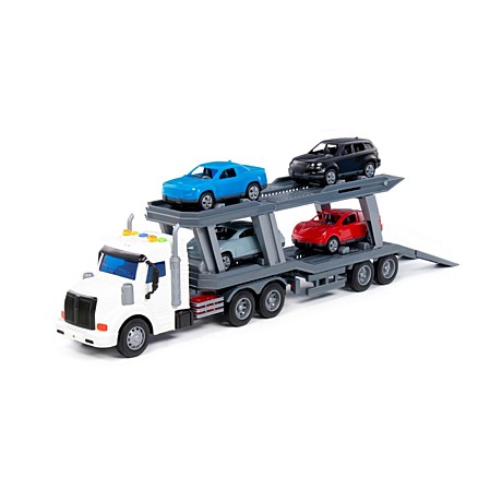 Профи, автомобиль-тягач с полуприцепом-автовозом инерционный (со светом и звуком) + автомобиль Оптима (4шт) (в коробке). Арт. 70498